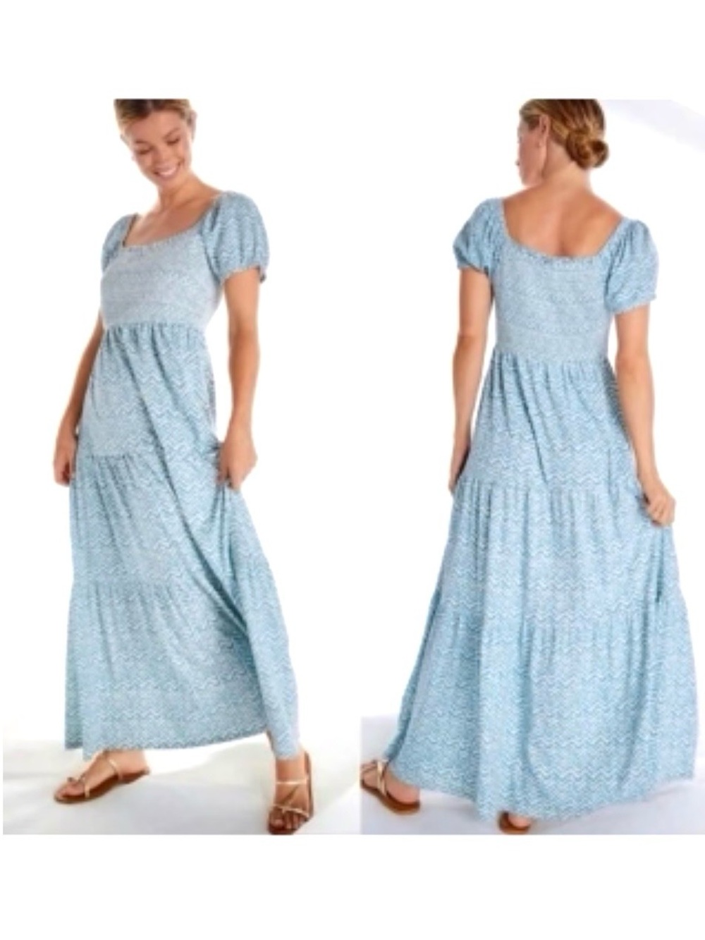 Anthropologie Daily Practice Blue and White Chevron Smocked Tiered Maxi Dress